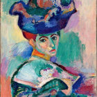 Vibrant impressionistic painting of woman in floral hat and patterned dress