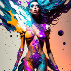 Vibrant cosmic digital artwork of a woman with flowing hair resembling a nebula