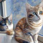 Two Cats with Blue Eyes by Snowy Window and Coffee Cup