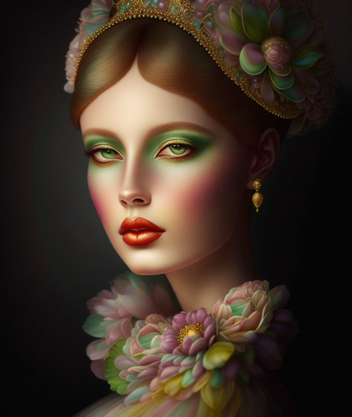 Woman Portrait: Striking Green Eye Makeup, Rosy Cheeks, Red Lips, Floral Accessories