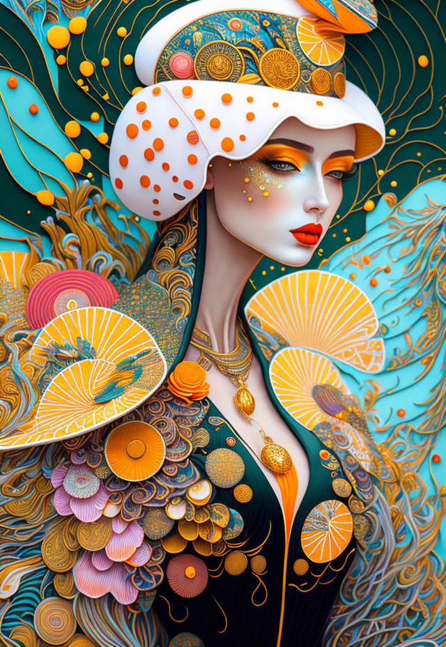 Intricate stylized woman illustration in orange, gold, and teal.