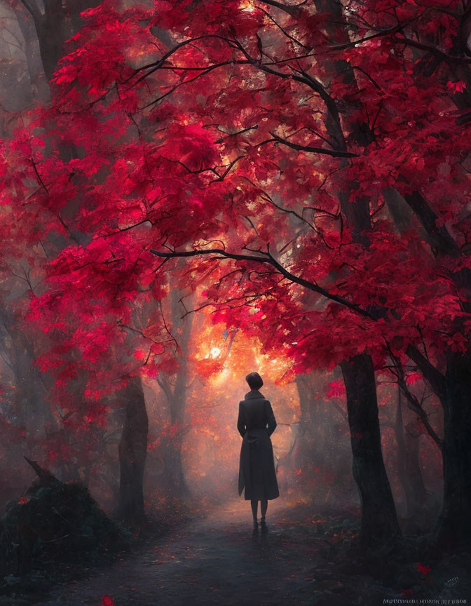 Person under vibrant red autumn leaves on foggy forest path