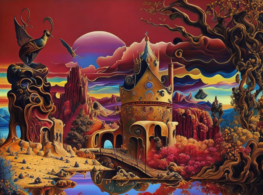 Fantastical castle in surreal landscape with vibrant trees and dramatic sunset