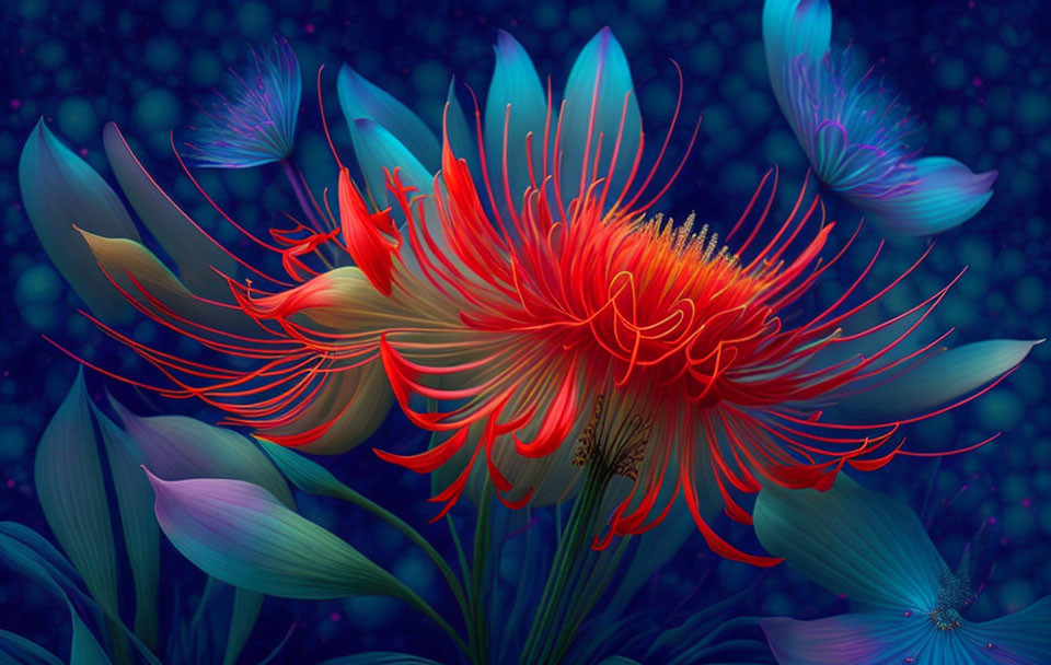 Colorful Digital Illustration of Stylized Red Flower on Blue Background