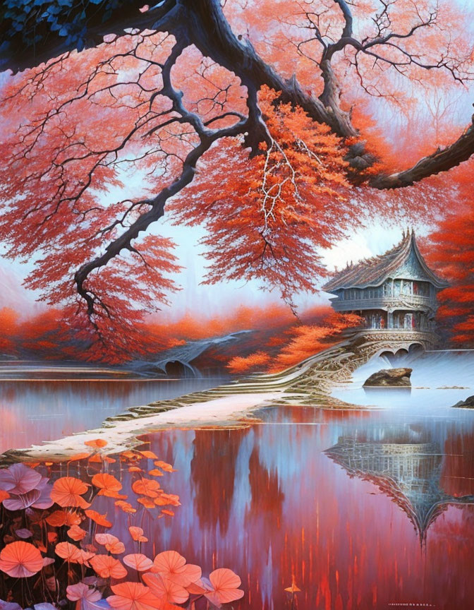 Traditional Asian Pagoda by Calm Lake with Cherry Blossoms