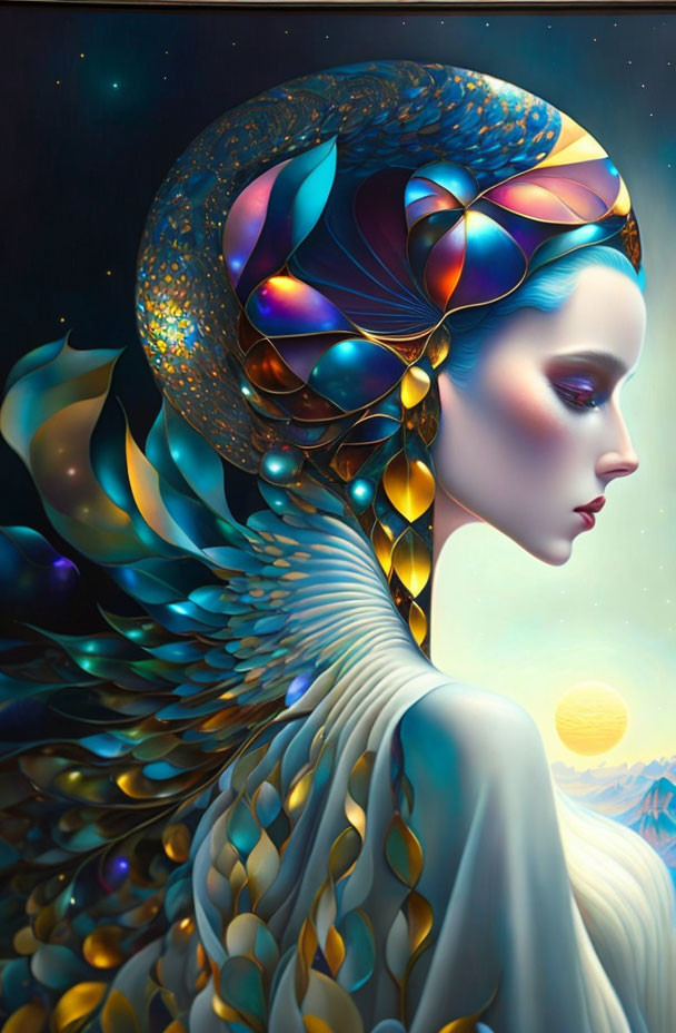 Digital artwork of woman with celestial elements and bird feather-themed helmet in blue and gold tones