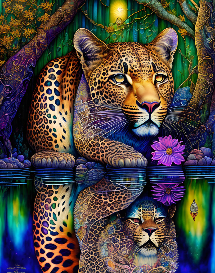 Colorful Leopard Artwork with Intense Eyes and Pink Flower