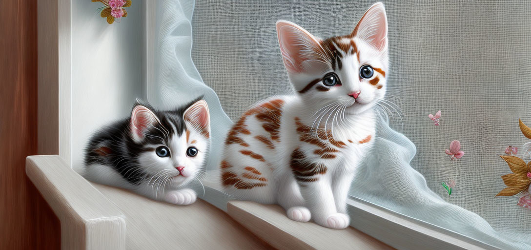 Two cute kittens with unique markings near a window with butterflies.