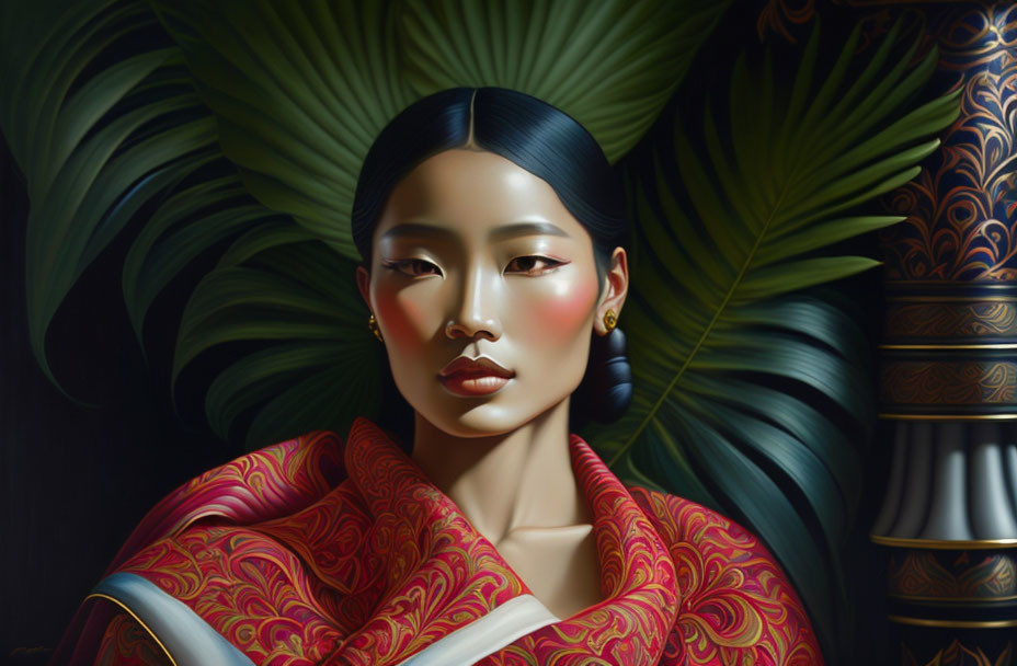 Digital painting of woman with East Asian features in red garment with tropical leaves and ornate pillars.