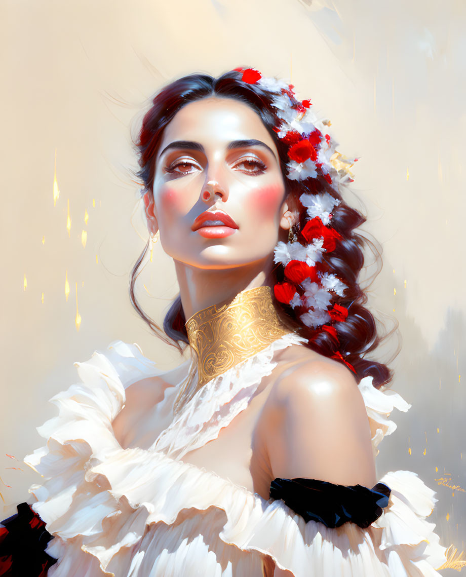 Digital portrait of woman with red and white floral hair accessories and golden choker in white ruffled dress