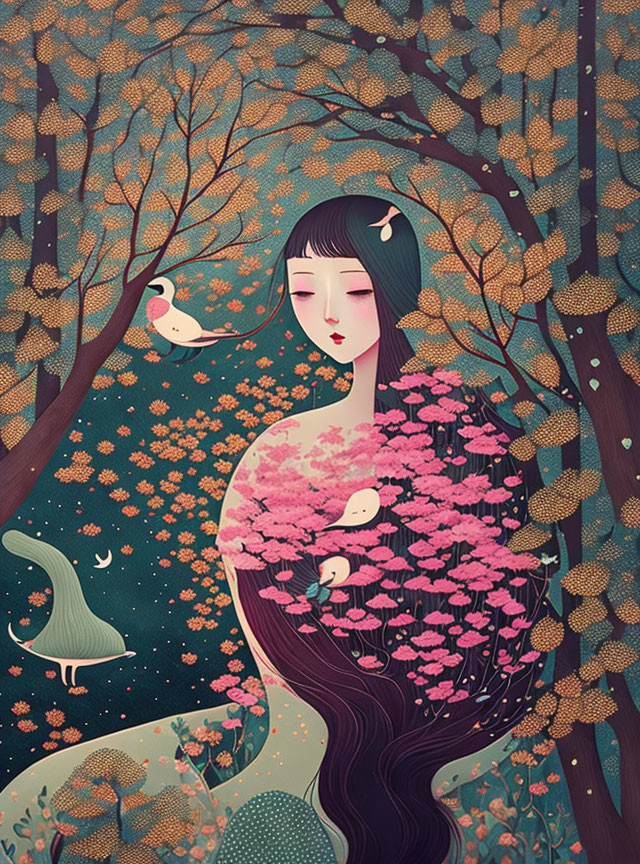 Illustration of girl with tree-like hair, pink flowers, birds, and ethereal green duck in