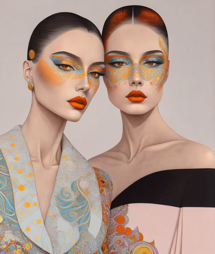 Women with artistic orange makeup, sleek hairstyles, and elegant patterned clothing