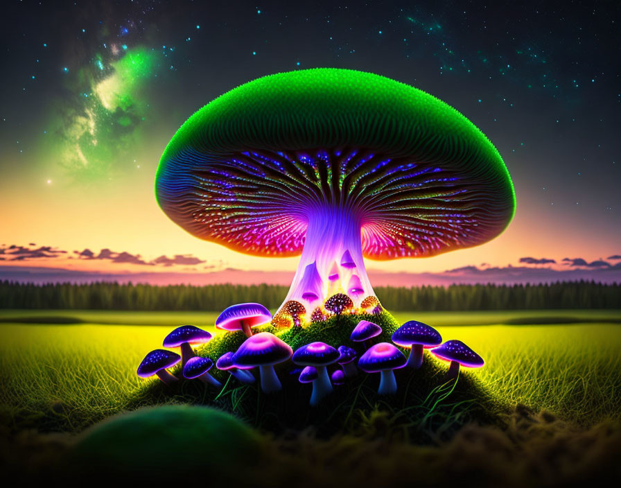 Fantasy landscape with bioluminescent mushrooms and aurora.