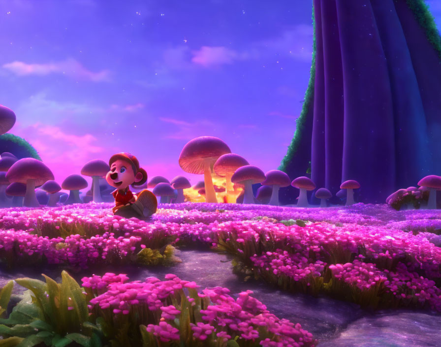 Colorful Cartoon Character in Fantasy Landscape with Oversized Mushrooms and Pink Flowers