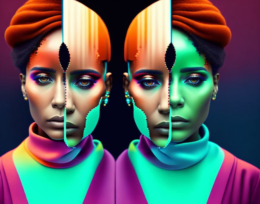 Split portrait of a woman with vibrant makeup in cool and warm color tones