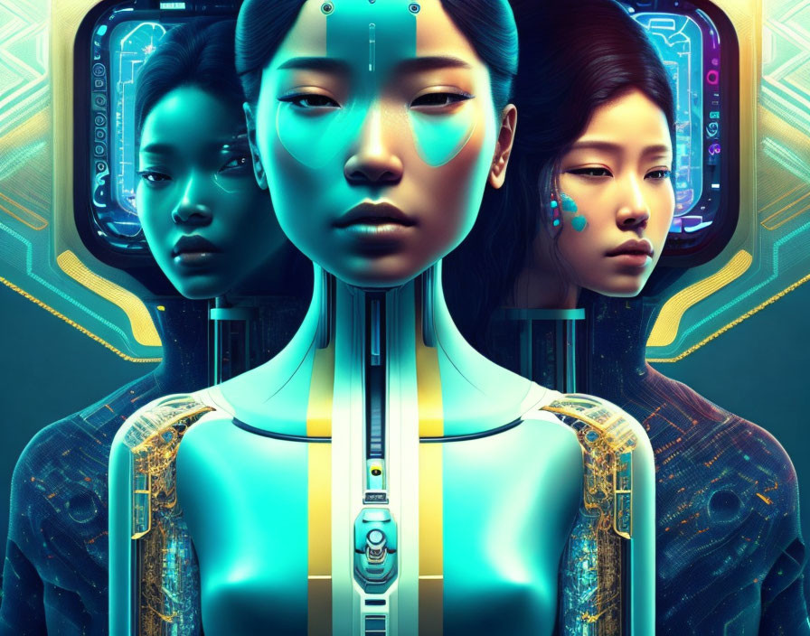 Stylized Female Figures with Cybernetic Enhancements in Blue and Gold Tones