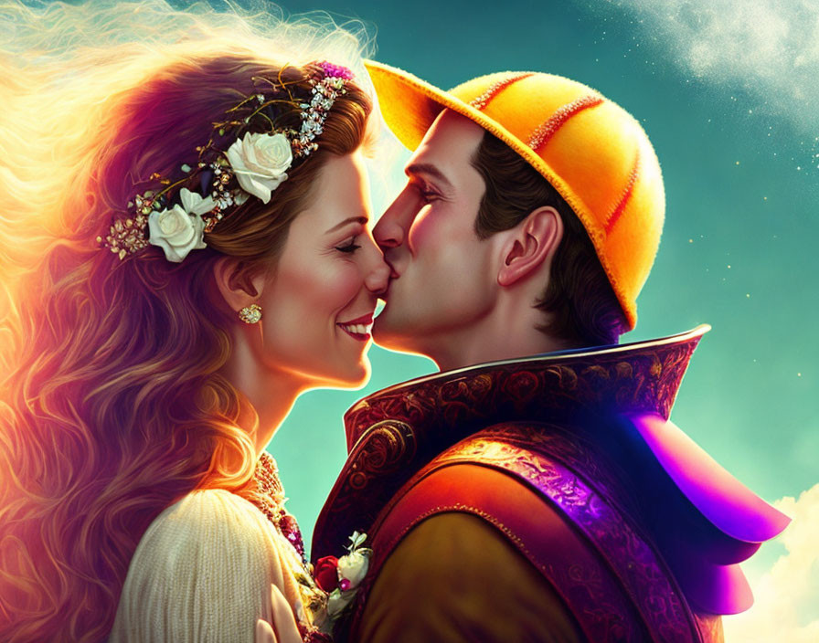 Romantic medieval couple in vibrant attire ready to kiss