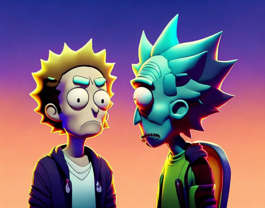 Animated characters with spiky blue hair and lab coat next to worried character on purple background