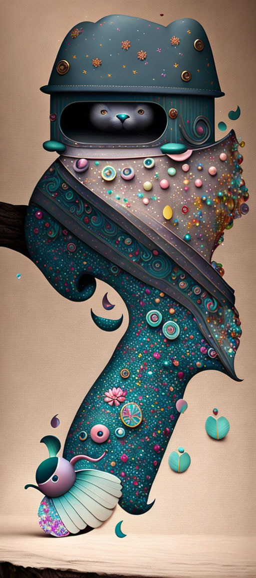 Stylized animal with decorated helmet and colorful gun