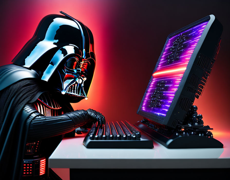 Digital illustration of Darth Vader with modern computer setup