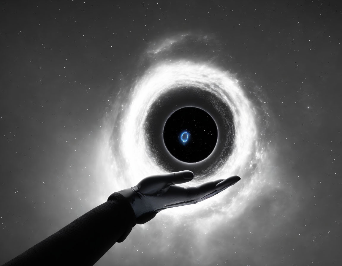 Human hand reaching towards cosmic backdrop with black hole and celestial matter.