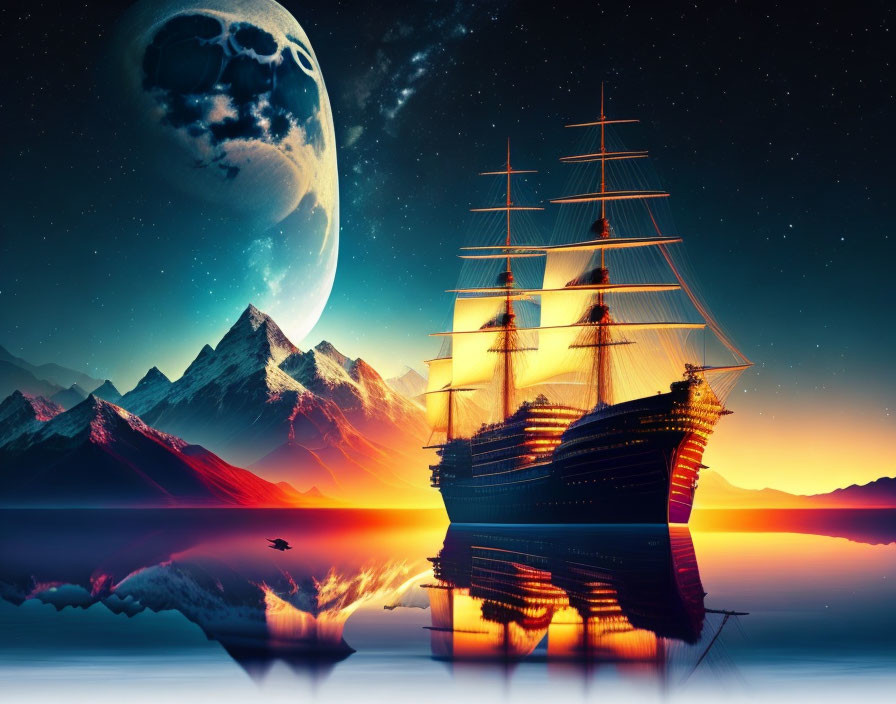 Majestic ship sailing on tranquil sea at sunset with mountains, starry sky, and large moon