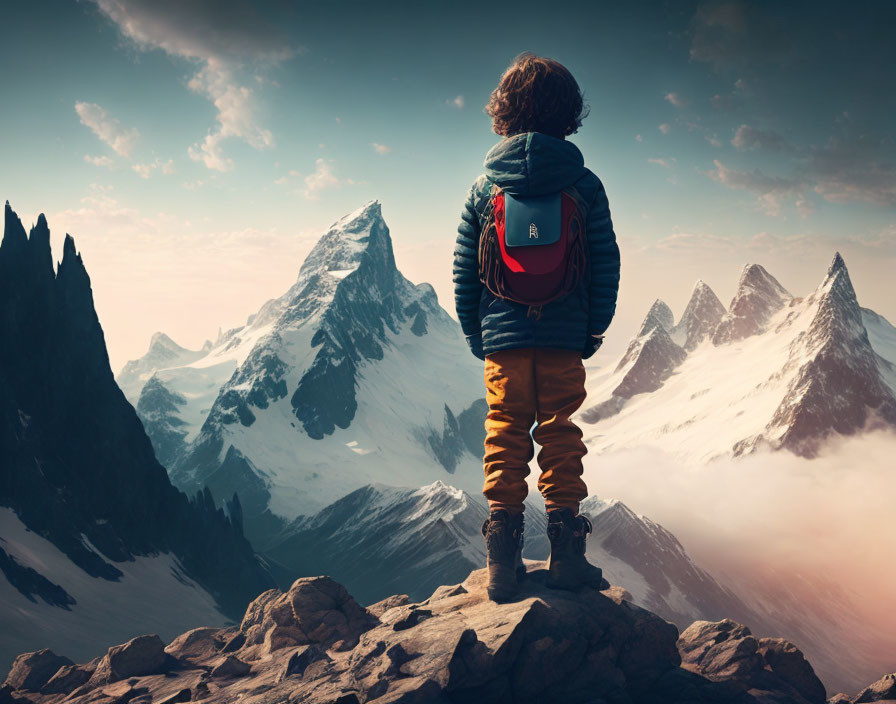 Person admiring dramatic alpine landscape with snow-capped peaks at sunset