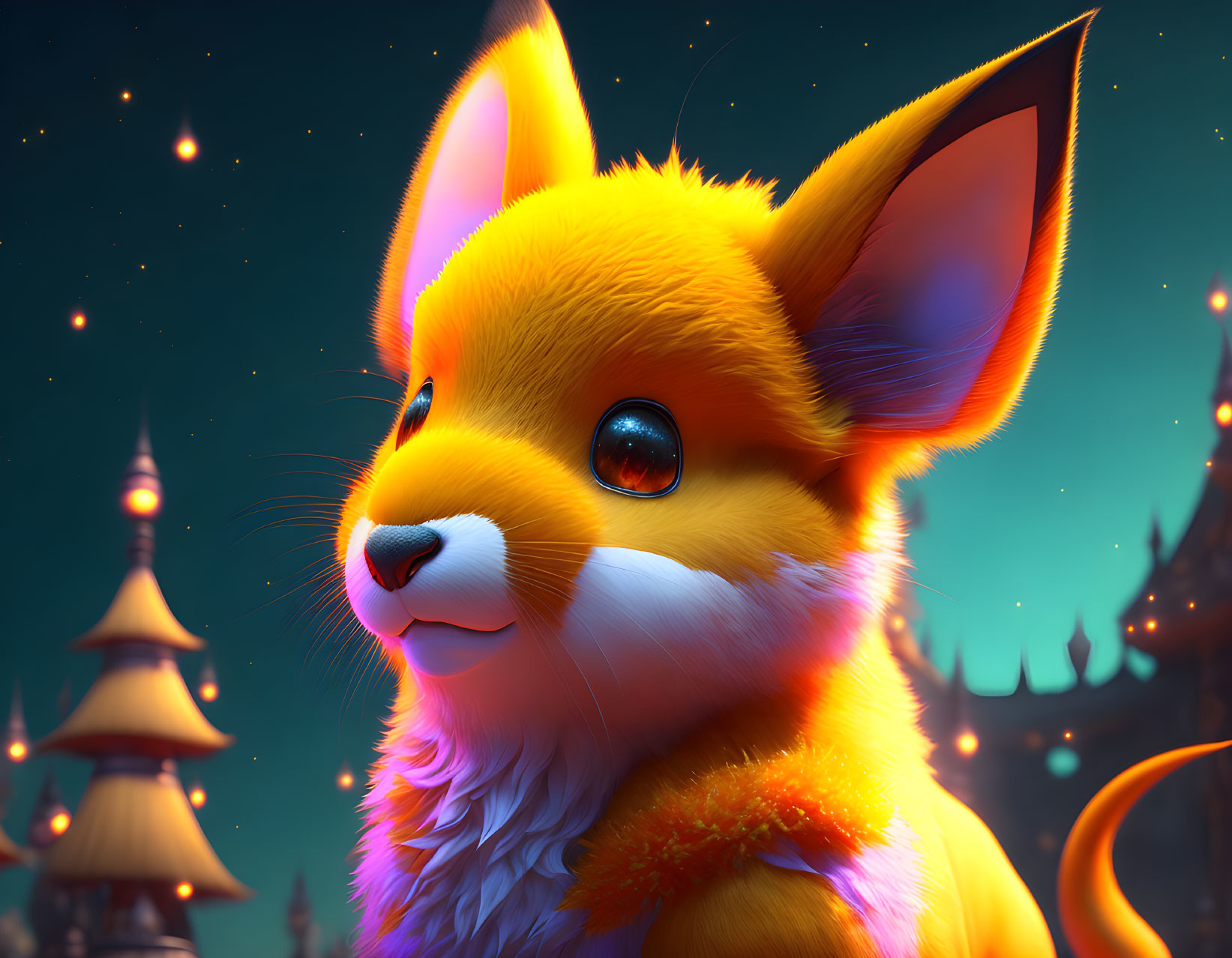 Colorful Fox Illustration in Nocturnal Oriental Setting