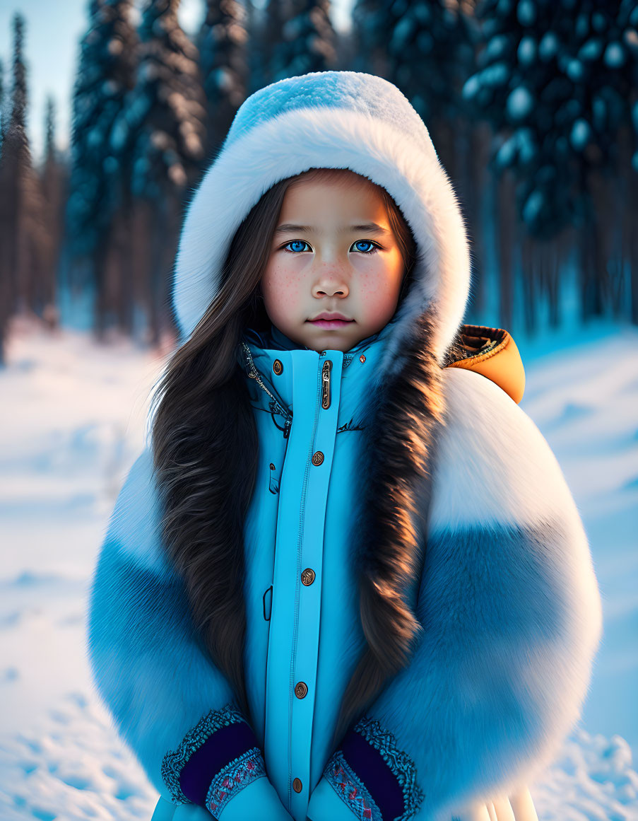 Young girl in fur hooded coat in serene snow-covered forest