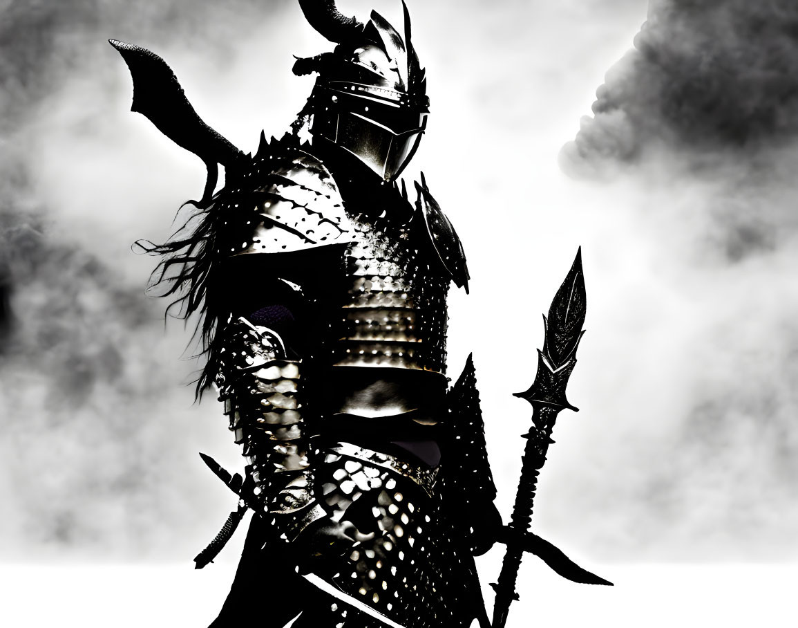 Silhouette of knight in ornate armor with spear and horned helmet in misty backdrop