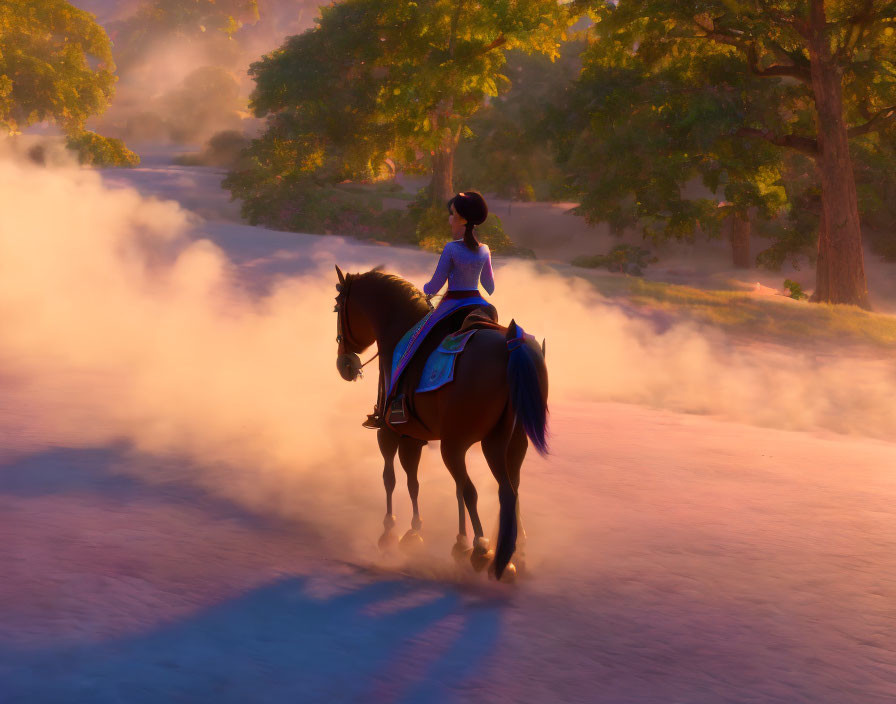 Equestrian in misty forest at sunset