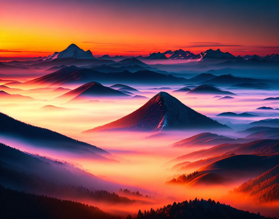 Colorful sunset over misty mountain landscape with orange, red, and purple hues blending into blue sil