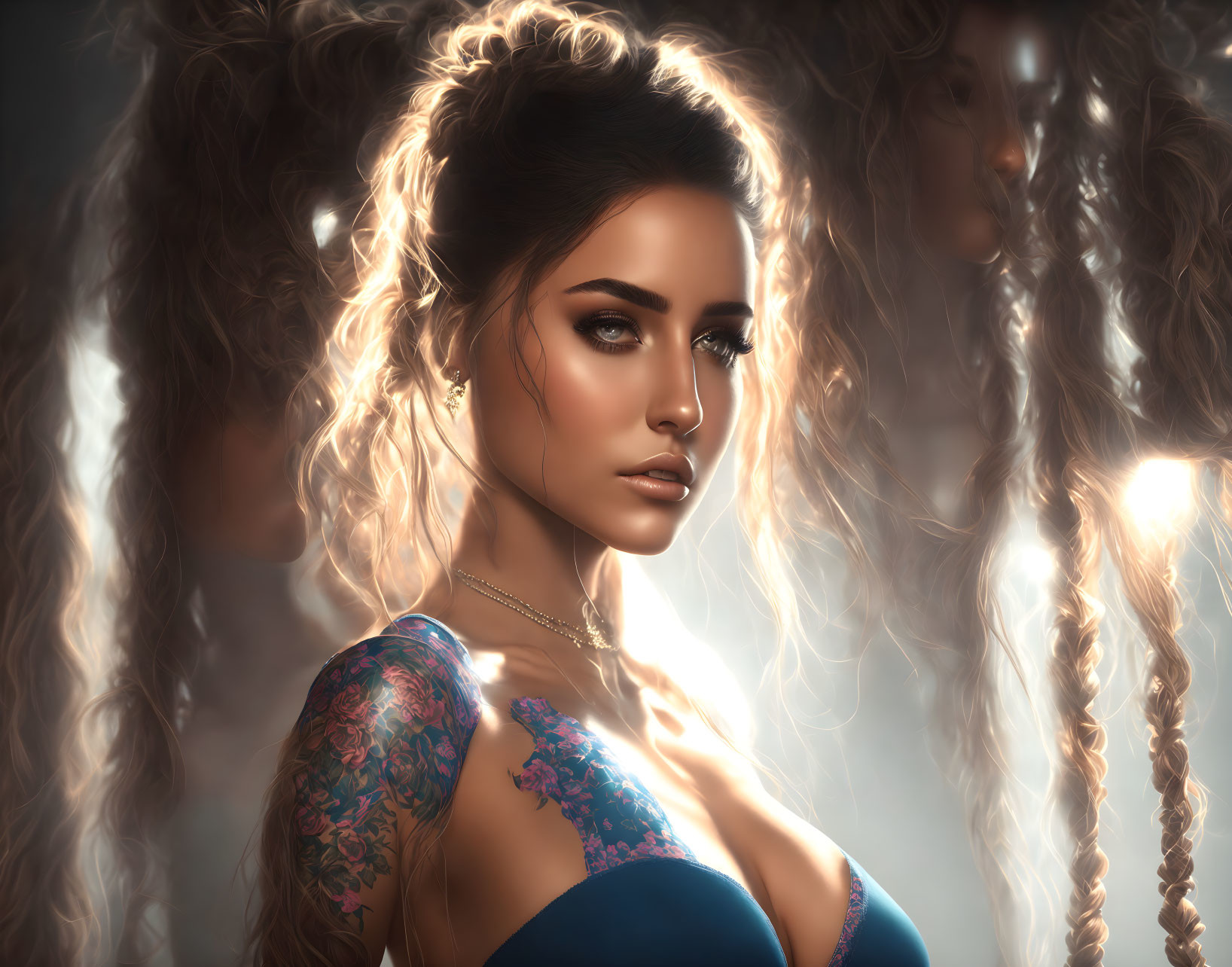 Elaborate tattooed woman with wavy hair in warm backlight