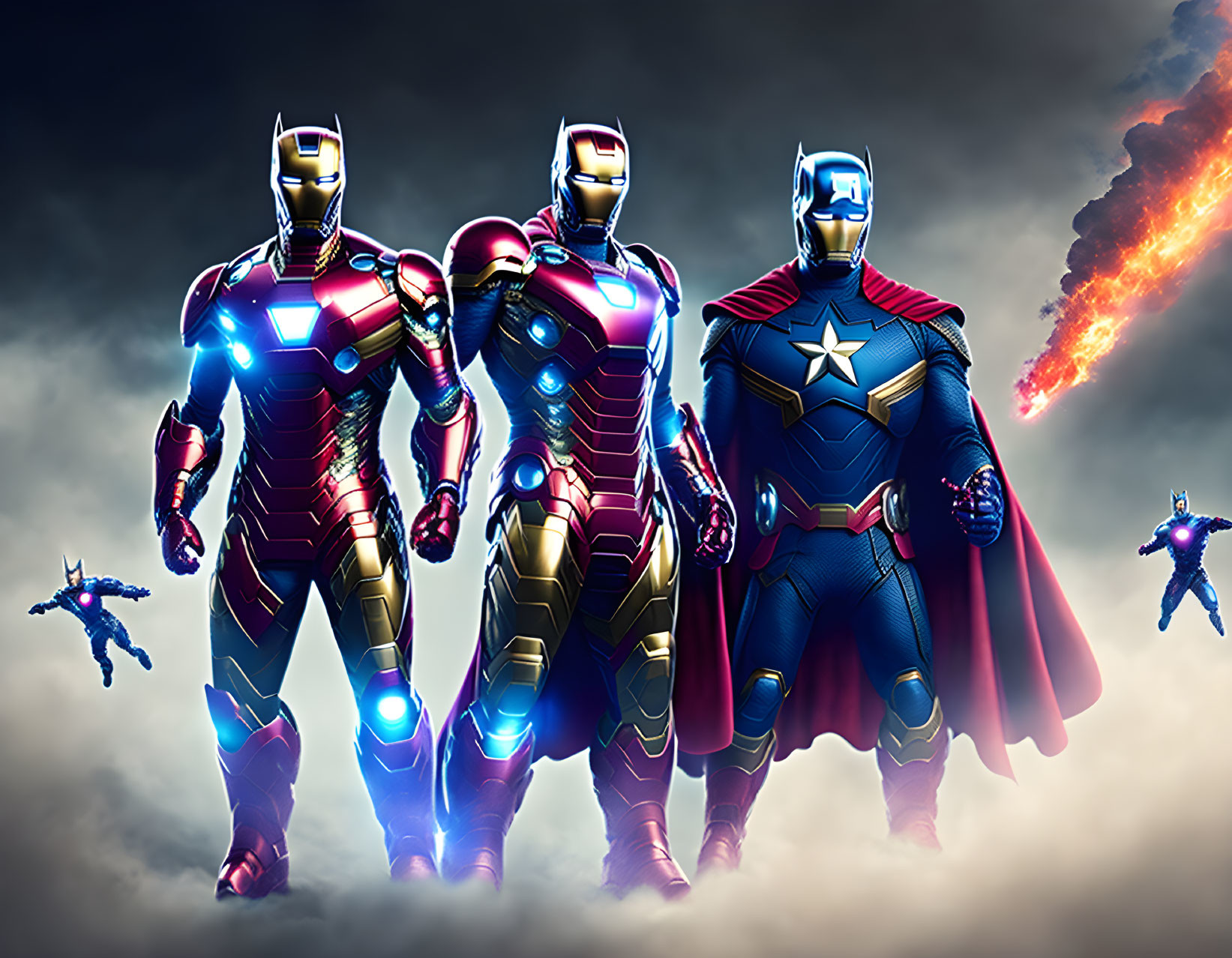 Three Iron Man suits with different designs under dramatic sky with fiery streak