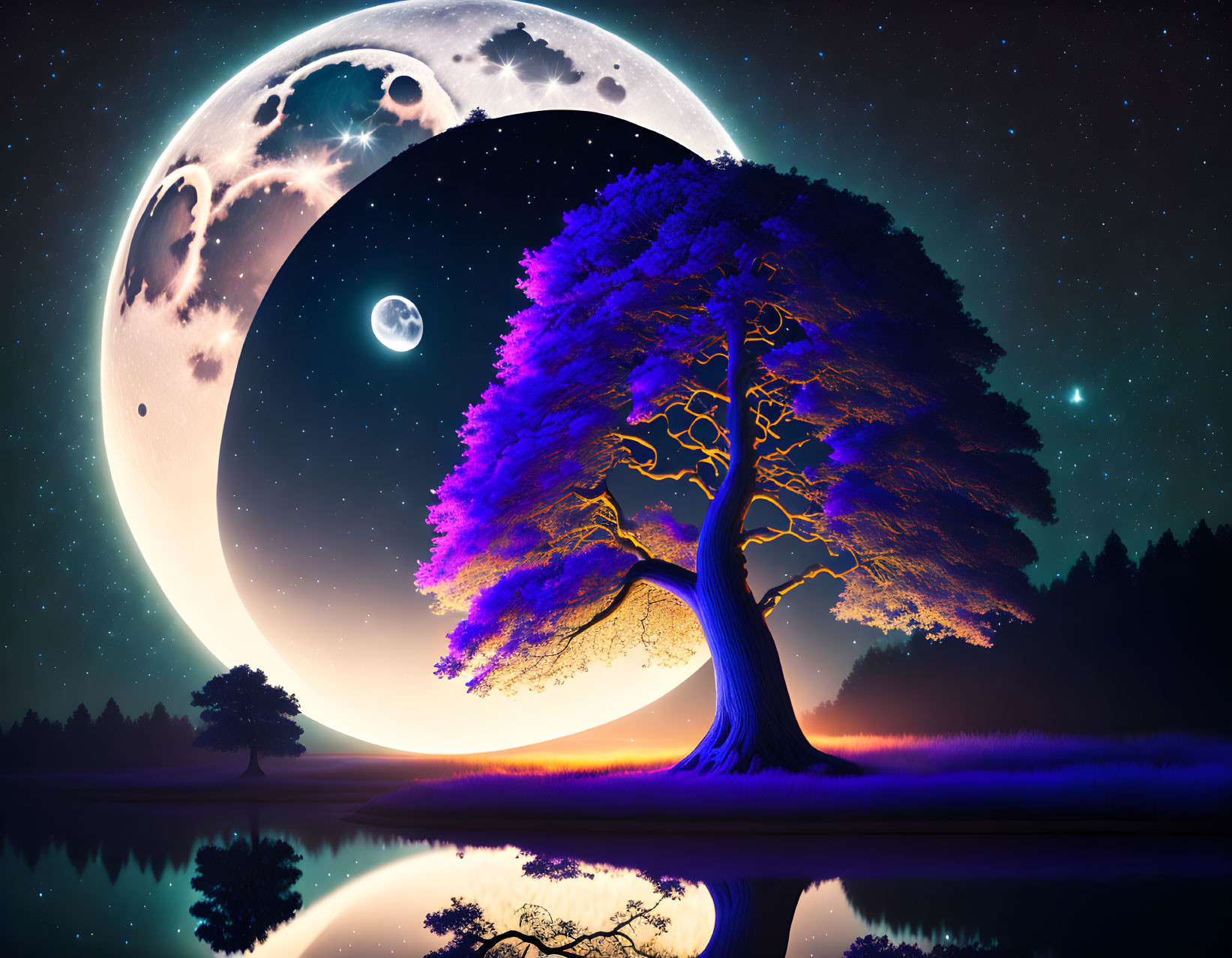 Majestic tree by lake with crescent moon in starry night sky