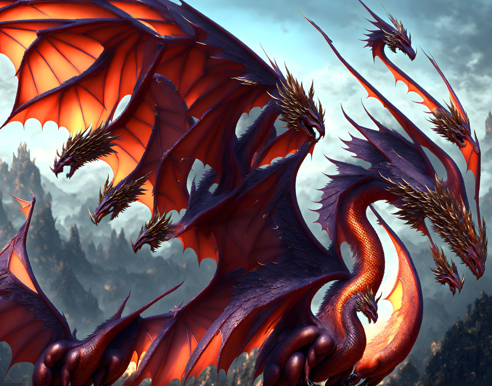 Red dragon digital artwork with flying companions in twilight sky