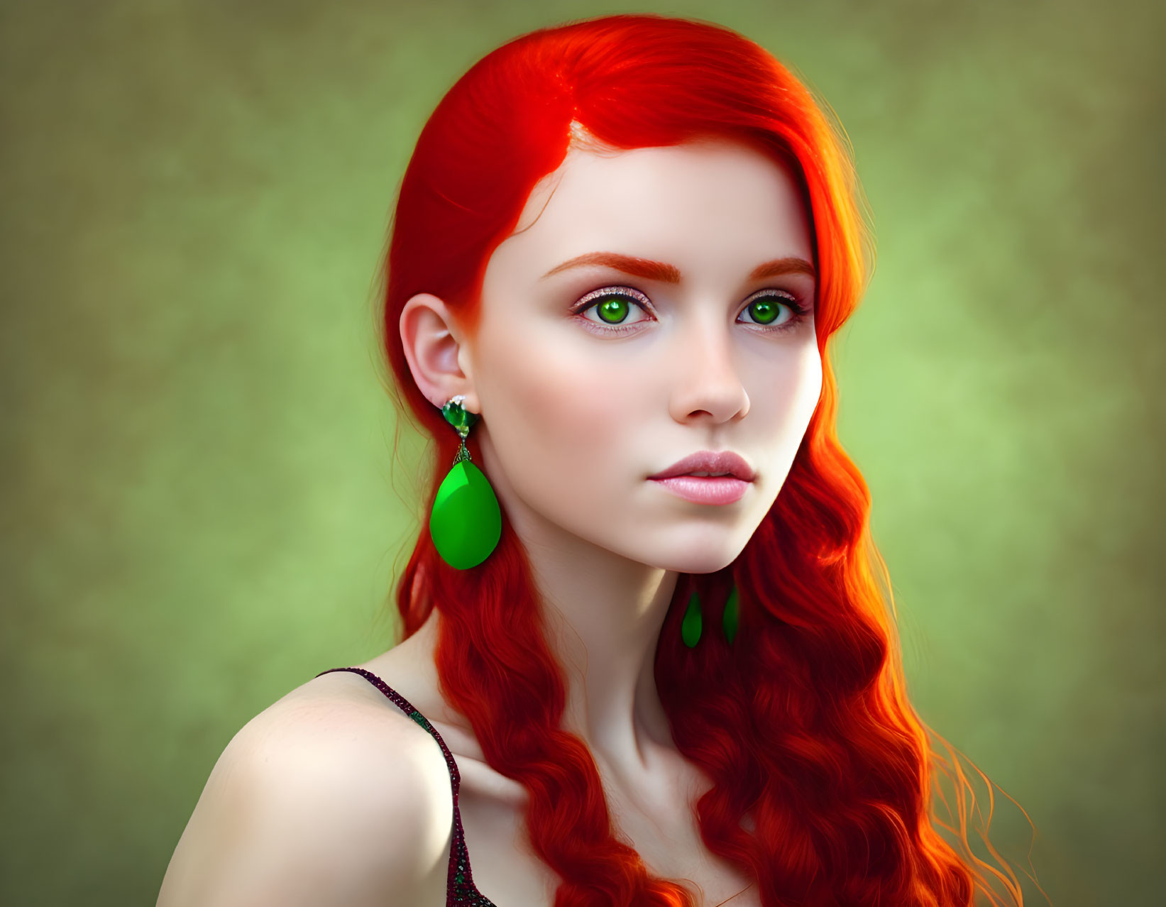 Vibrant digital portrait of a woman with red hair and green eyes