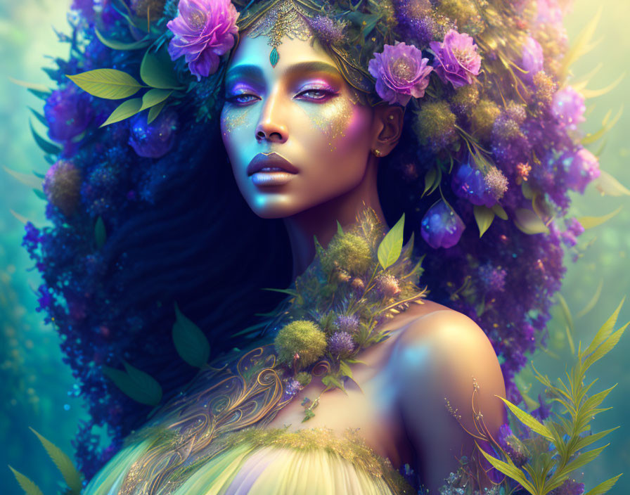 Mystical woman with purple flowers in hair on teal backdrop