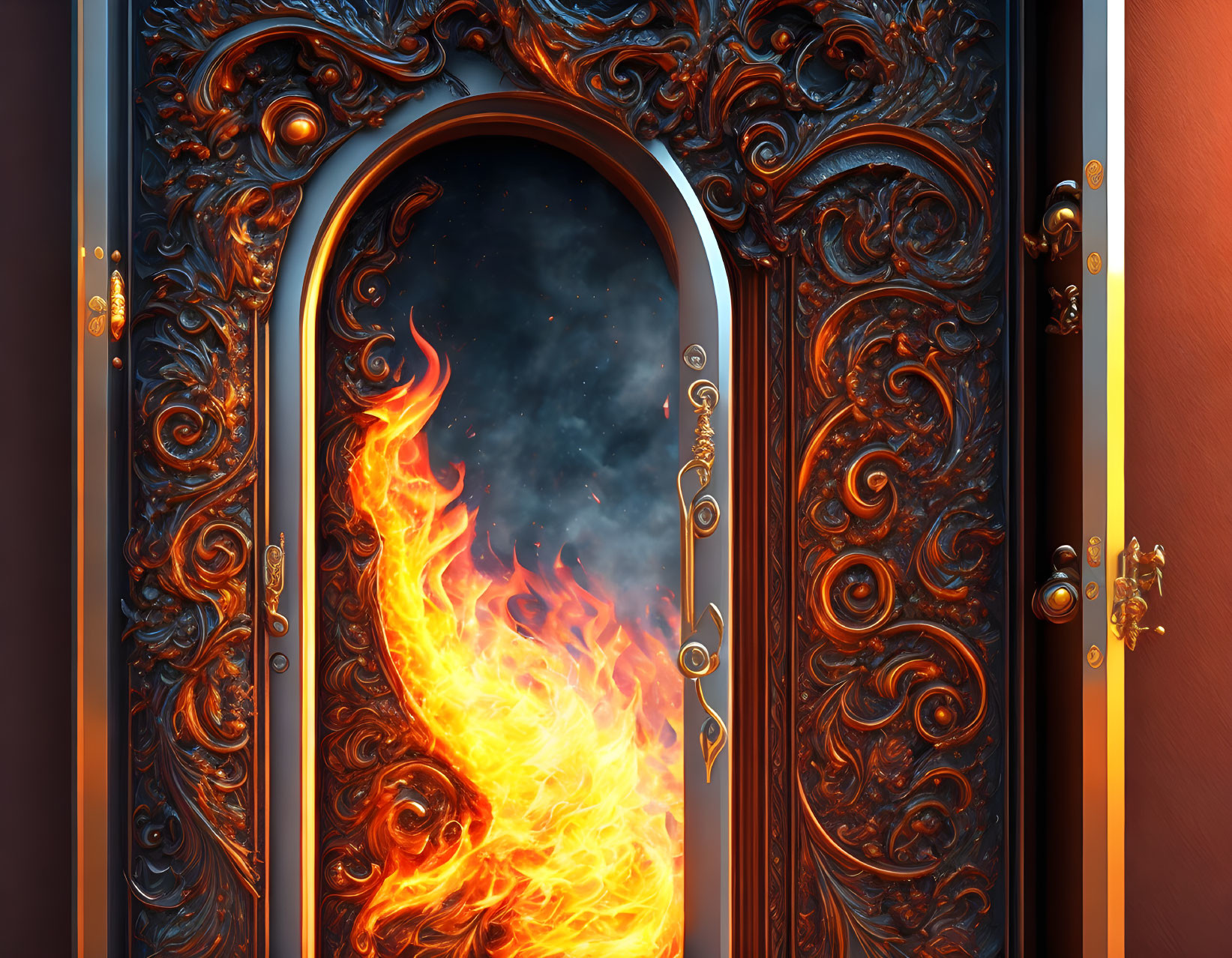 Ornate door with wood carvings and gold details reveals swirling inferno on starry backdrop