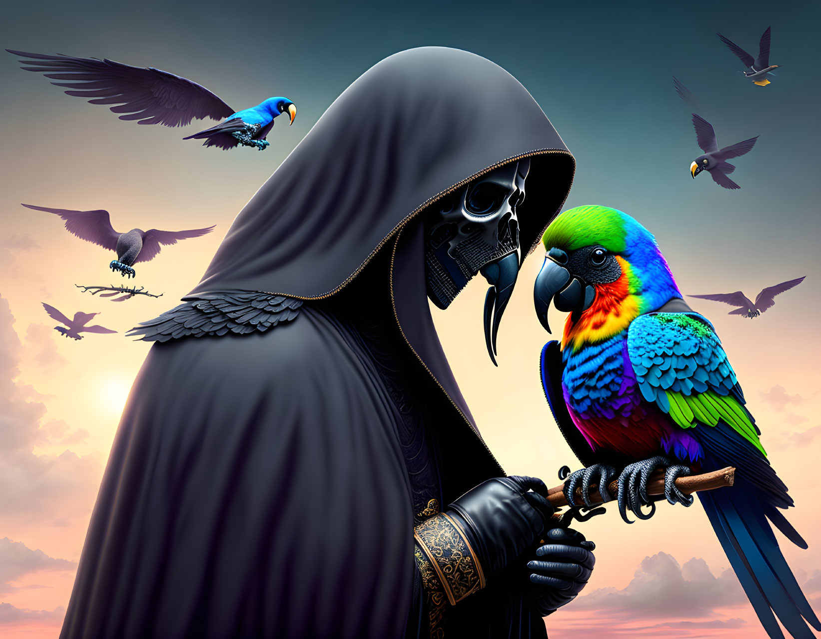 Cloaked figure with bird-like mask holding parrot in dusky sky