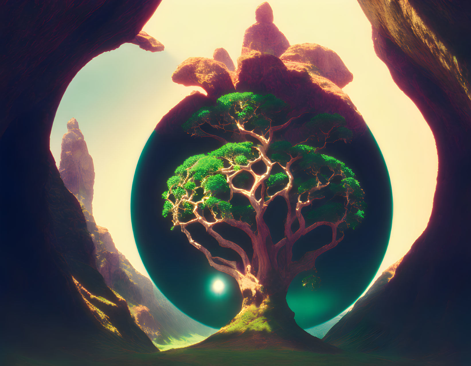 Surreal landscape with ancient tree in glowing orb under twilight sky