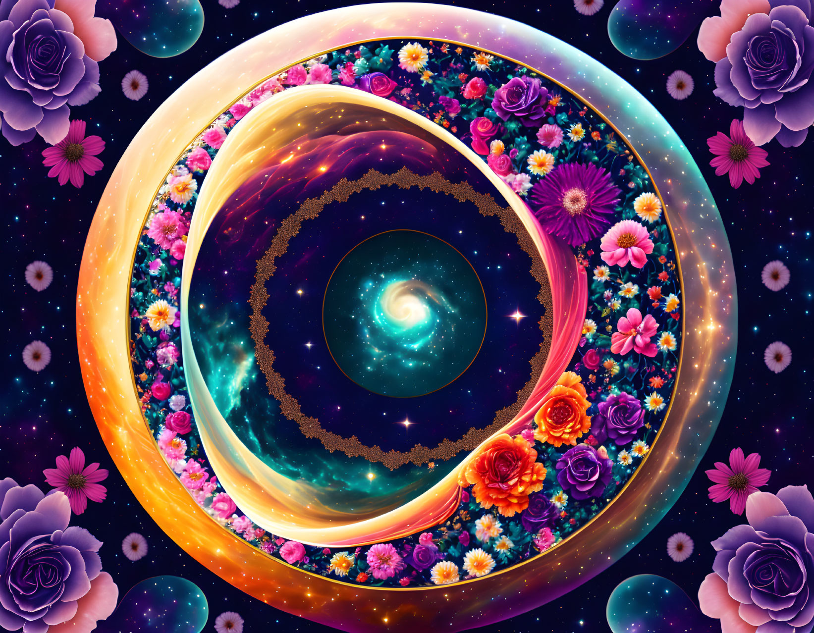 Cosmic flower-adorned portal in swirling galaxy scene