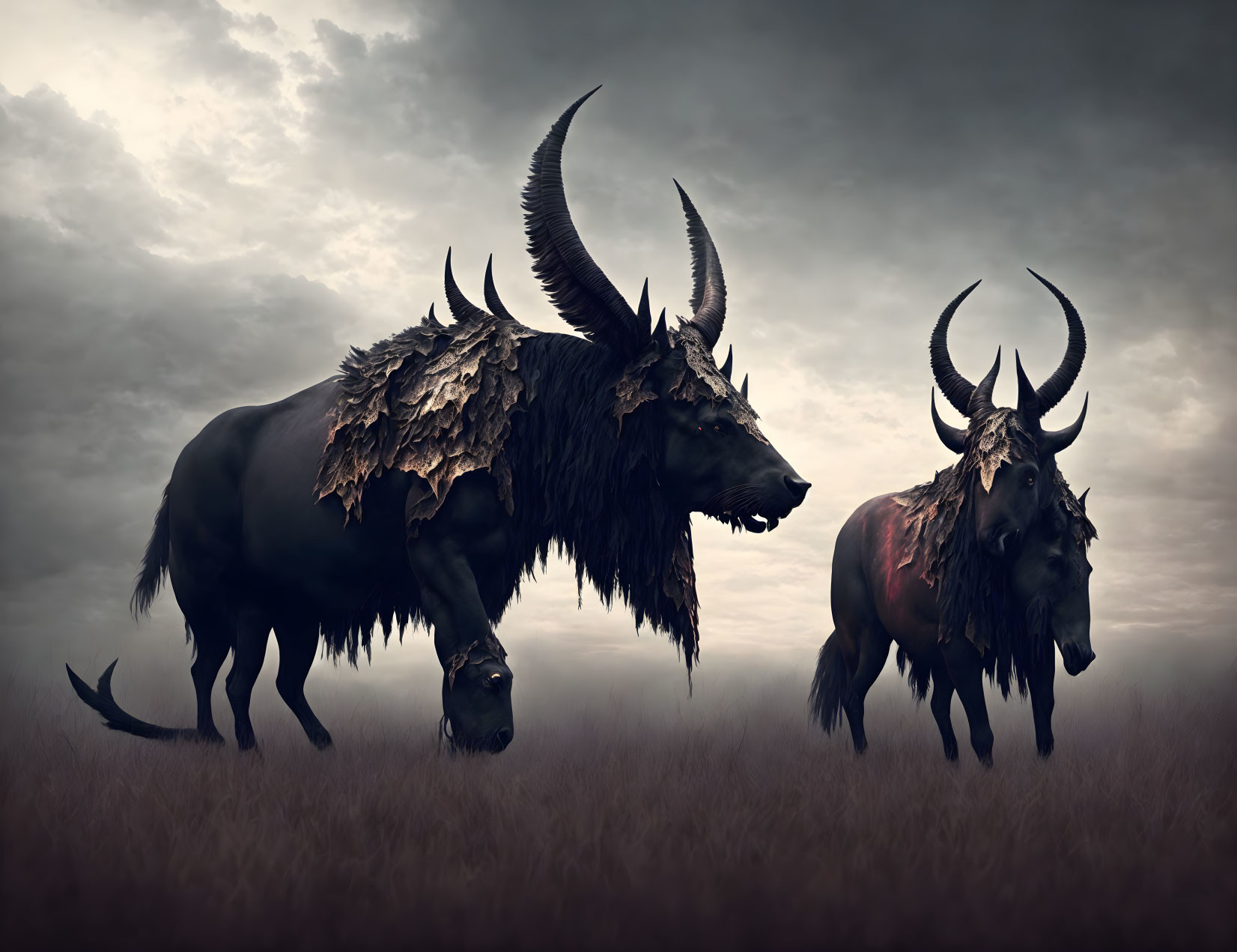 Three large-horned, armored bovine creatures in misty landscape