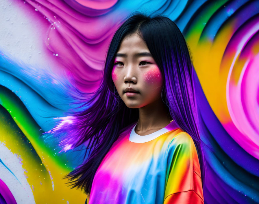 Vibrant young woman with colorful makeup and hair against psychedelic background