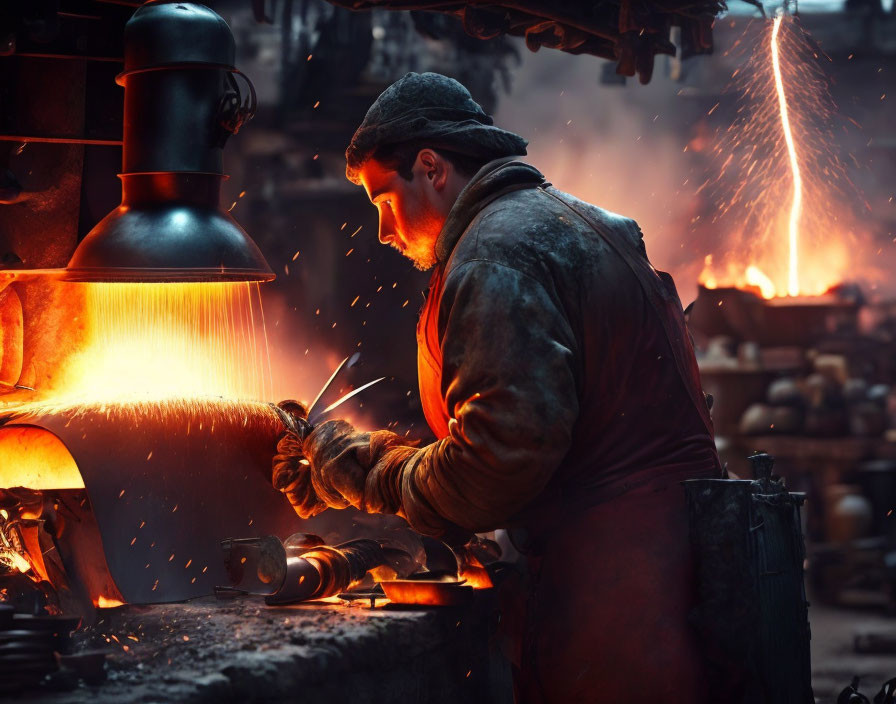 Blacksmith forging metal with intense concentration in dimly lit workshop