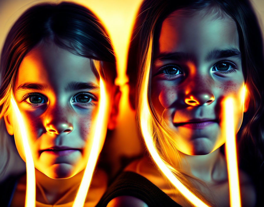 Two girls illuminated by glowing sticks, casting warm tones and shadows