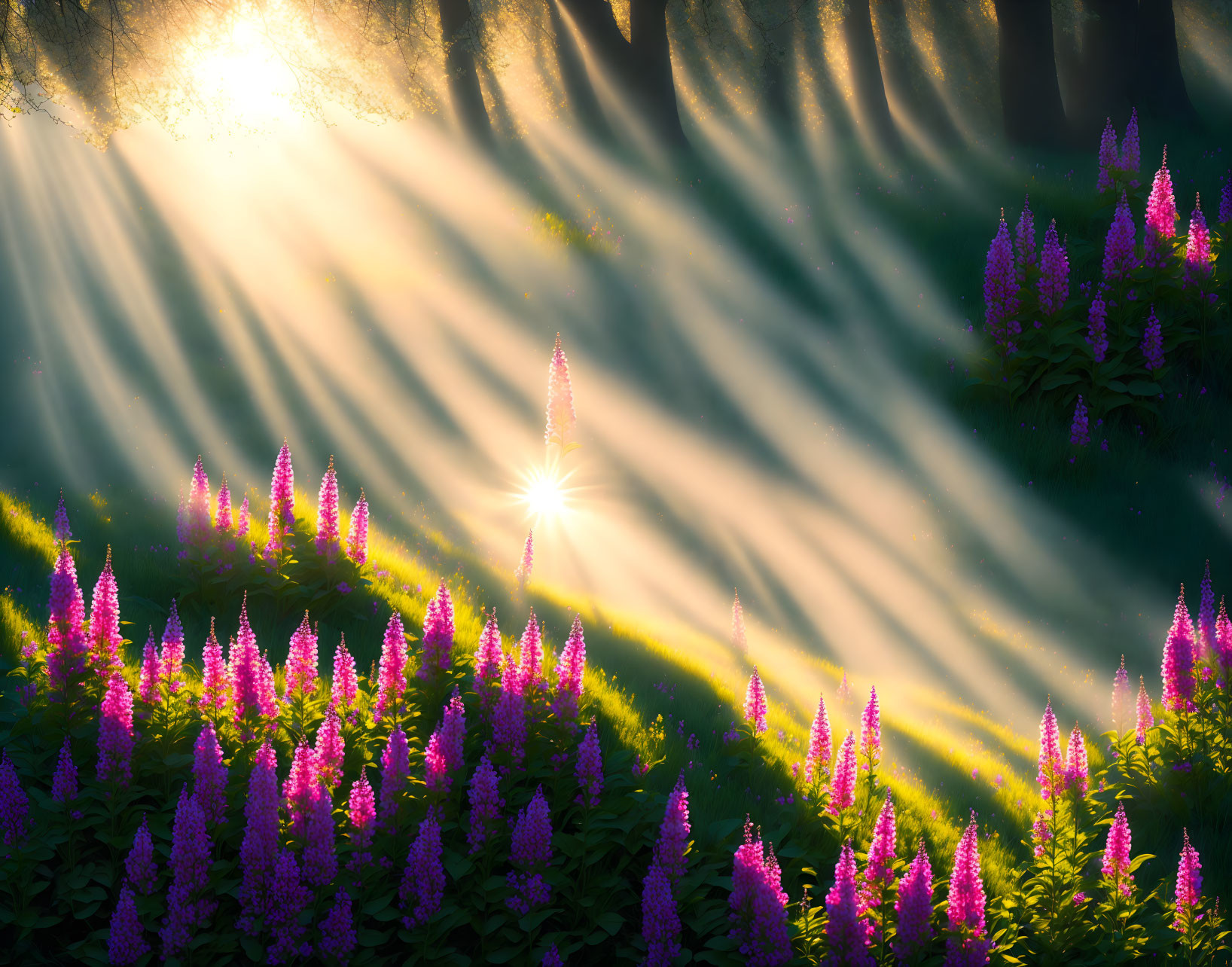 Misty forest with sunrays and purple wildflowers