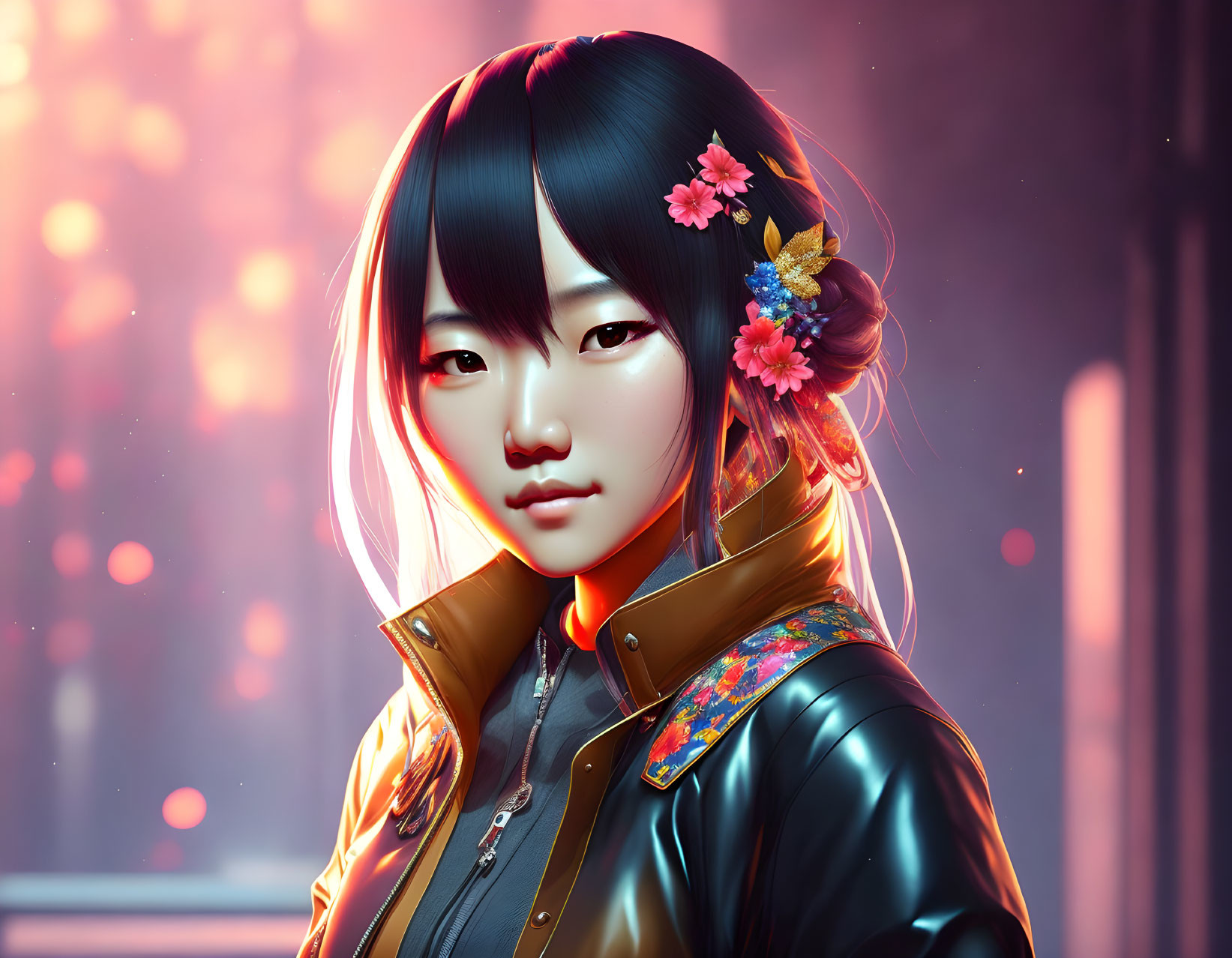 Digital Artwork: Woman with Black Hair, Flowers, Leather Jacket, Neon-lit Backdrop