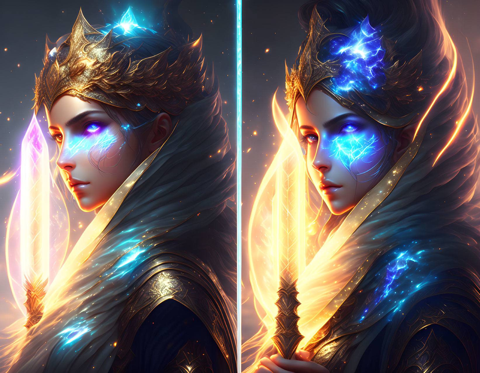 Fantasy queen digital artwork with glowing magical symbols and star-infused aura.