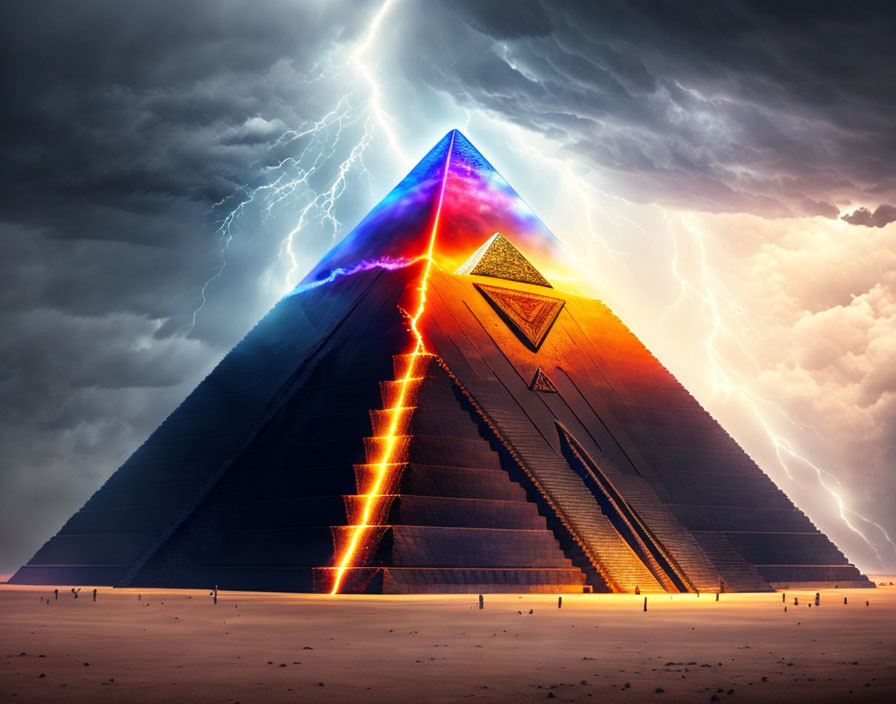 Futuristic illuminated pyramid with neon glow and lightning in dramatic sky